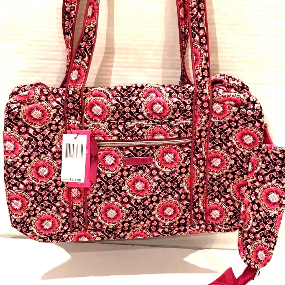 Vera Bradley Duffel Quilted Iconic Small Duffle Bag Raspberry Medallion Pattern